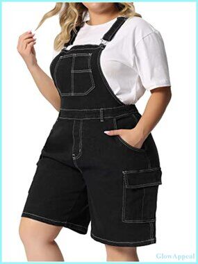 Plus Size Overall Shorts Women Adjustable Strap Bib Cargo Pocket Denim Overalls